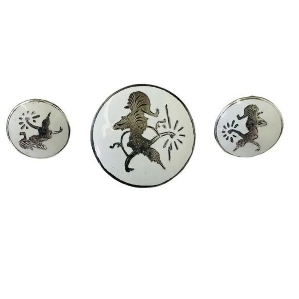 SIAM Demi-Parure Sterling Silver White Enamel Niello Dancer Brooch‎ & Earrings